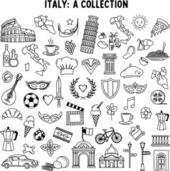 Detailed vector outline collection of Italian culture icons: famous landmarks, traditional food, travel symbols, and cultural elements in black and white. © roro