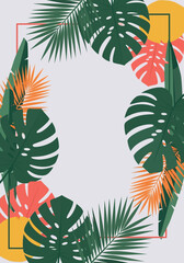 Modern Tropical Monstera and Palm Leaf Frame Background with Copy Space © Desti
