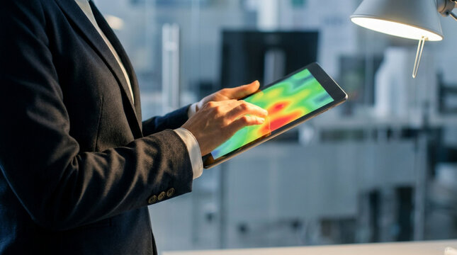 Close-up of a professional interacting with a glowing color-coded risk heatmap on a tablet screen