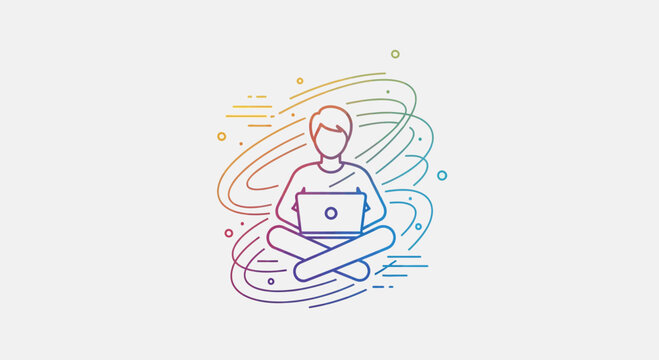 Creative person working on laptop with colorful swirling lines and dots