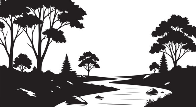 Black and white landscape with river and trees stream