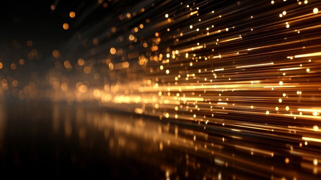 Horizontal golden light trails with sparkling dust particles and depth of field for elegant motion background and awards stage decoration