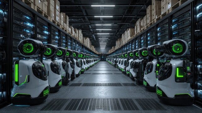 Rows of autonomous robots in a futuristic warehouse