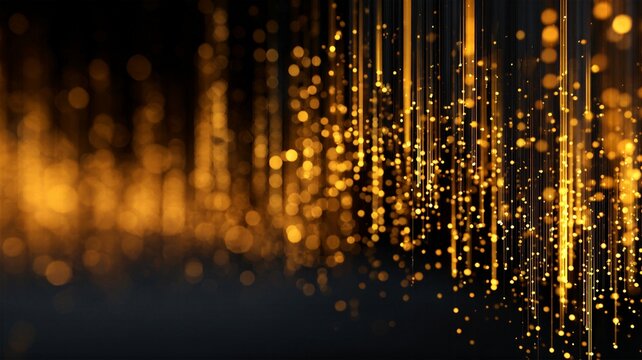 Vertical falling golden bokeh particles with soft focus and hanging light threads for magical festive celebration and high-end theater backdrop