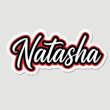A decorative graphic sticker displaying the name Natasha written in a stylized cursive font with bold red and black layers