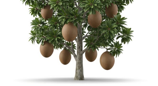 Sapodilla tree with ripe brown fruit, tropical Manilkara zapota plant on white background, exotic fruit tree for botanical and agricultural design