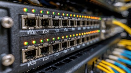 Fototapeta premium Network switch ports with active indicator lights, close-up view
