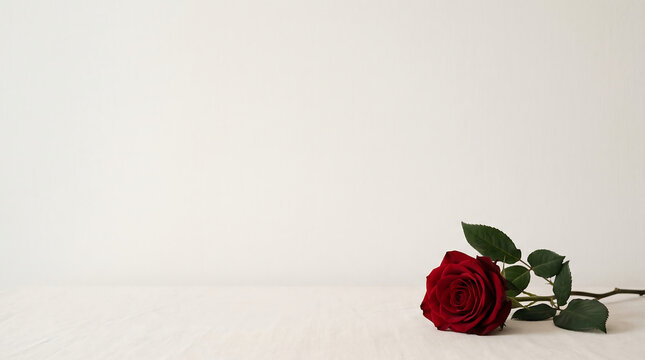 A single red rose lies on a white surface against a plain wall.