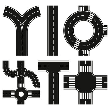 Top view of different road intersections and highway junctions in solid black vector style.