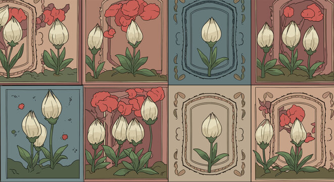 Decorative grid of tiles featuring white tulip-like flower buds and blooming pink flowers in various colored frames.