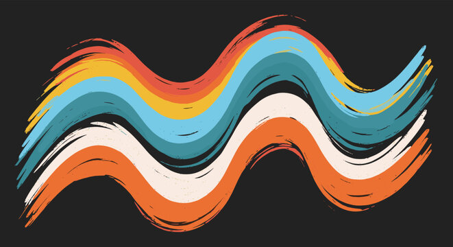 Abstract wavy brush strokes in a retro color palette of orange, yellow, and blue create a dynamic and artistic wave pattern on a solid black background.