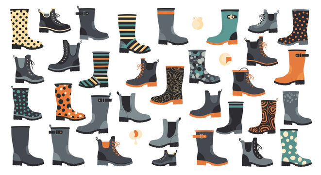 Diverse collection of colorful rubber rain boots and hiking boots in various patterns and styles ideal for autumn and outdoor activity illustrations.