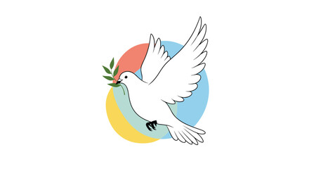 Naklejka premium White dove flying with an olive branch in its beak over colorful circles representing peace, hope, and freedom on a white background.