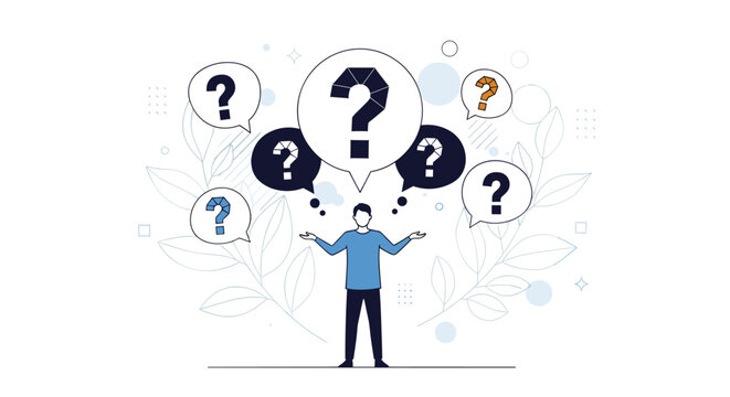 Confused man surrounded by multiple question marks in speech bubbles representing decision making, uncertainty, and problem solving.