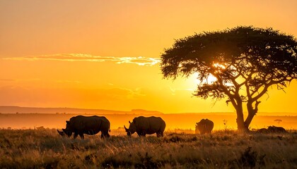 Fototapeta premium A serene savannah at sunset with rhinos and tree