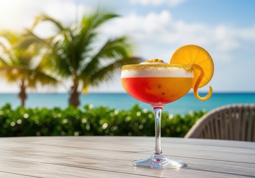 A refreshing tropical cocktail served in a stemmed glass on a table with a beach background view.