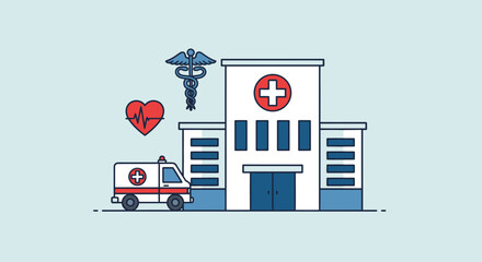 Hospital with ambulance and medical symbols. © Ahmad