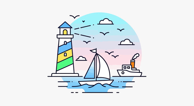 Nautical scene with lighthouse, sailboat, and tugboat on the sea under a colorful sky