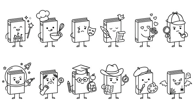 Set of coloring book character icons depicting different professions and fantasy themes.