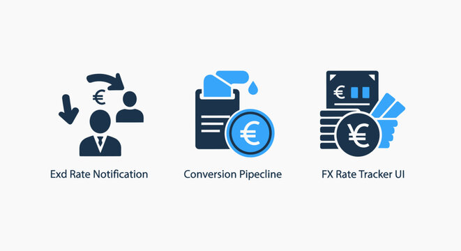 Business financial management icons for cash flow verification conversion pipeline and fx rate tracker including euro and yen currency with business conversion pipeline currency exchange commerce