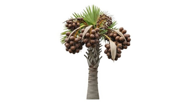 Doum palm tree with large fruit clusters, Hyphaene thebaica ginger tree on white background, tropical desert flora for botanical design