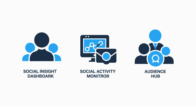 Social media insights and audience analytics infographic icons with audience analytics dashboard marketing activity monitoring communication community connection interaction statistics
