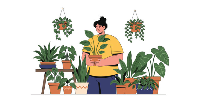 Woman in a yellow shirt proudly standing with her extensive collection of potted indoor plants in a clean garden scene.