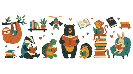Cute forest animals reading books collection with bear sloth monkey and rabbit characters. © MDTAZBIRHOSSAIN