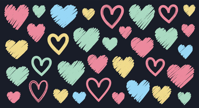 Vibrant seamless pattern featuring many colorful hand-drawn hearts in a chalk-style over a solid dark background.