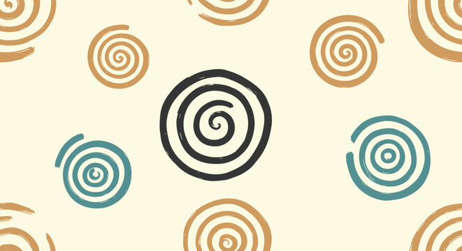 Seamless artistic pattern featuring hand-drawn spirals in earthy tones like brown, teal, and charcoal on a cream-colored background.