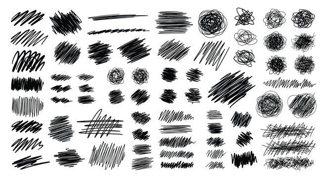 Various hand drawn black ink scribbles and brush strokes isolated on white background for creative design elements.