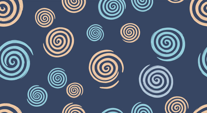 Vibrant seamless pattern of colorful hand-drawn spirals in teal and peach colors on a deep navy blue background for modern designs.