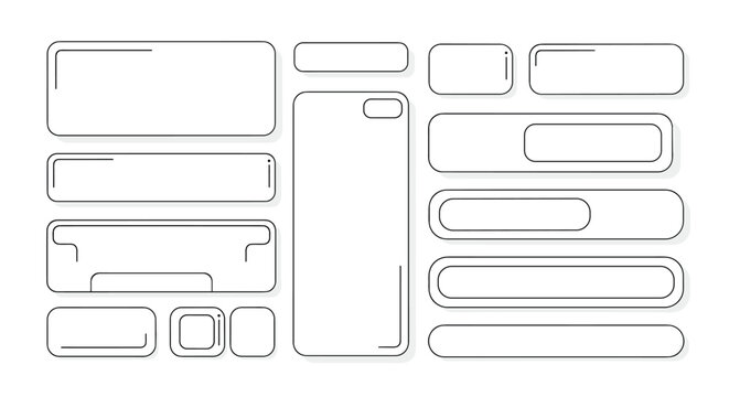 Collection of blank outline user interface elements including buttons search bars and message boxes for web design.