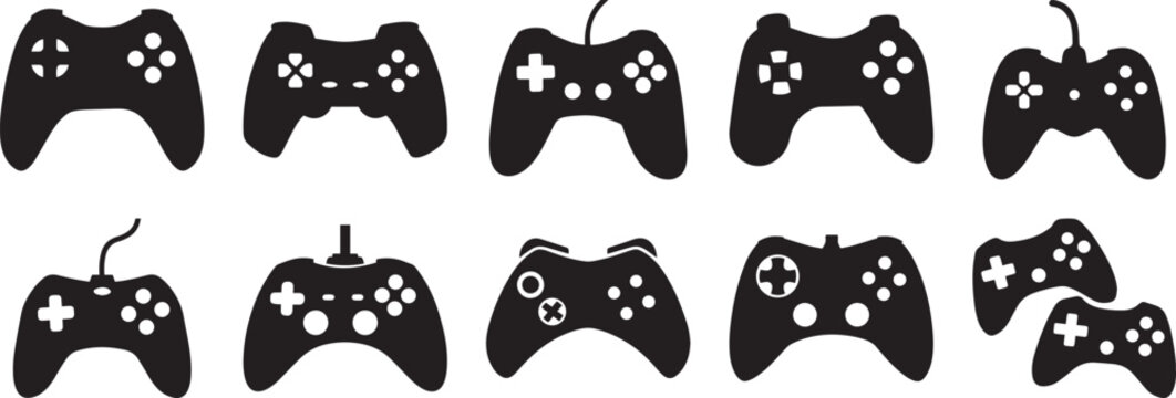 A set of 10 video game controller silhouette vector, black and white silhouette vector illustration