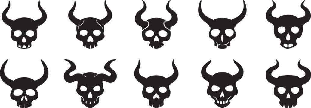 A set of 10 vintage demon skull with horns silhouette vector, black and white silhouette vector illustration