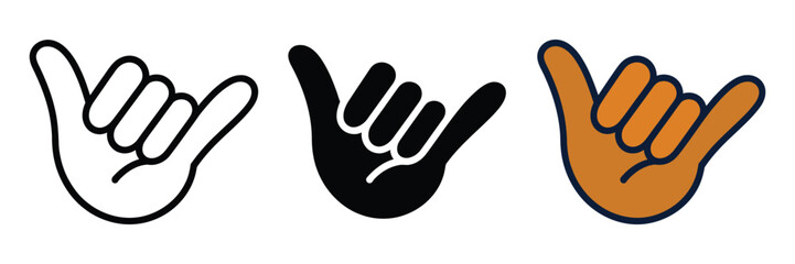 Set of three shaka hand gestures in outline silhouette and color styles vector illustration representing aloha © MDRifat