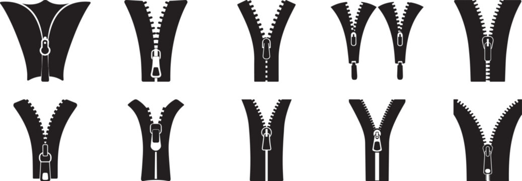 A set of 10 zipper silhouette vector, black and white silhouette vector illustration