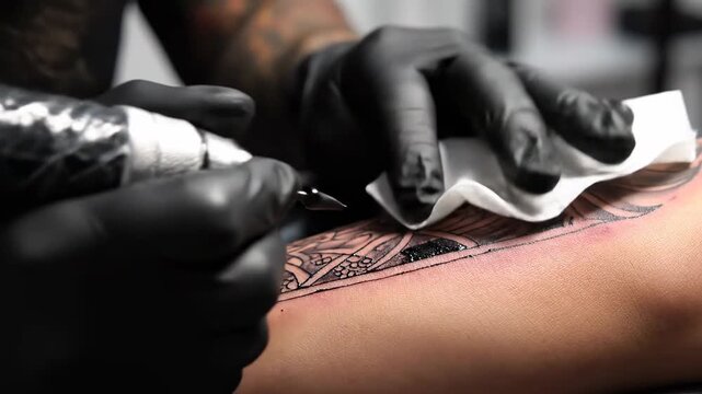 Professional Tattoo Artist at Work with Close-up of Hands in Black Gloves Using a Tattoo Machine on Skin for Body Art Documentaries and Salon Marketing.