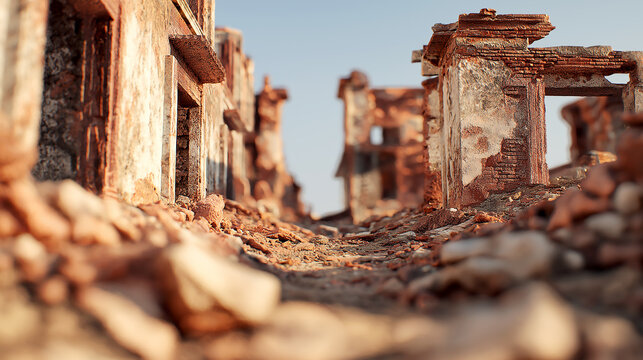 Miniature model of a war-torn city street with destroyed brick buildings and rubble, captured with a tilt-shift effect to emphasize the scale of devastation and historical ruins.