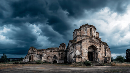 Fototapeta premium Ominous brick ruins of an old church under a dramatic, stormy dark sky, capturing the solemnity and eerie beauty of forgotten historical architecture in a vast field.