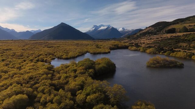 Aerial of Glenorchy Lagoon and Autumn Willows