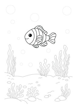 coloring sheet template for kids with cute fih in the seabed