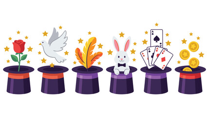 Set of magic show elements with hats, dove, rabbit, rose, and playing cards. © MDTAZBIRHOSSAIN