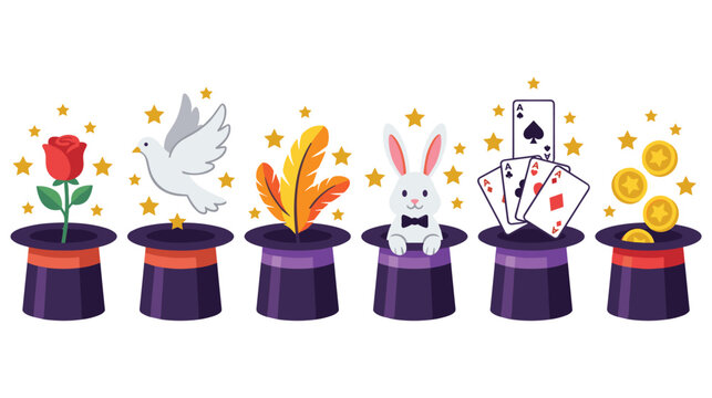 Set of magic show elements with hats, dove, rabbit, rose, and playing cards.