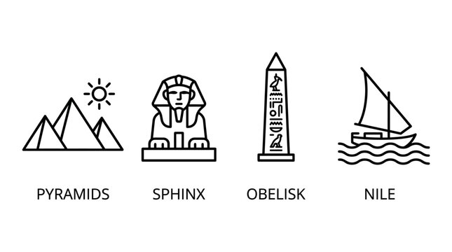 Stylized outline icons representing historical marvels and essential elements of ancient Egyptian civilization, perfect for educational and travel-themed designs and applications