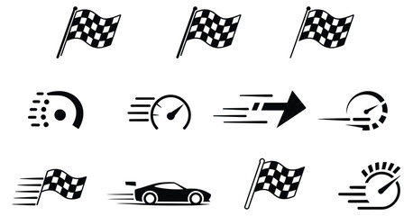 Obraz premium Racing checkered flags and speed motion icon vector set, fast movement symbols isolated on white background for motorsport design, racing events, automotive graphics, and competition themes