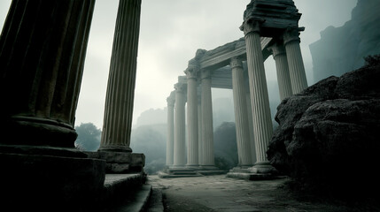 Obraz premium Ancient Roman Pillars and Ruins Enveloped in Thick Fog and Mist, Historical Architecture Photography Representing Mystery, Antiquity, and Forgotten Civilizations.