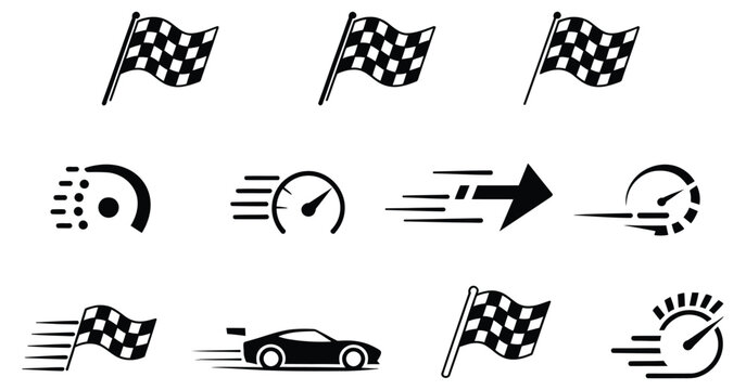 Racing checkered flags and speed motion icon vector set, fast movement symbols isolated on white background for motorsport design, racing events, automotive graphics, and competition themes