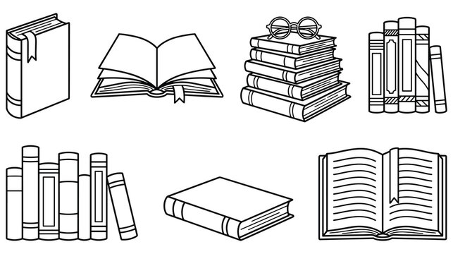 Book set, hand drawn doodle illustration of open and closed books, stacked literature.