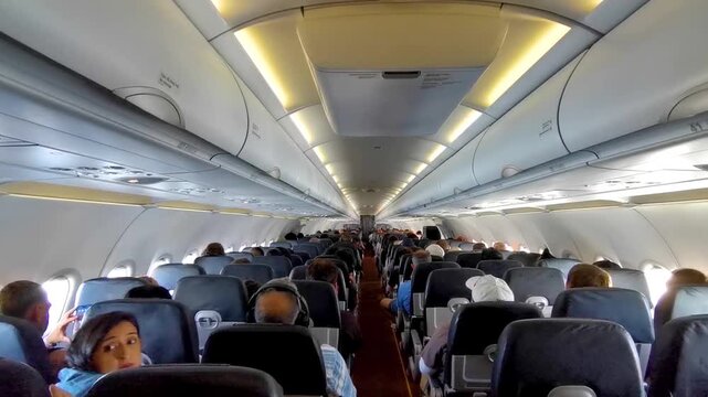 Exhausted travelers resting airplane seats dim cabin lighting flight.